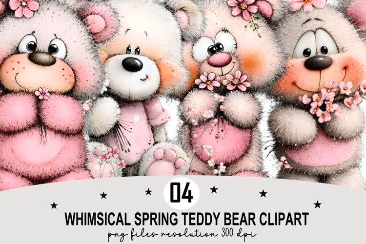 Whimsical Spring Teddy Bear Clipart Watercolor PNG