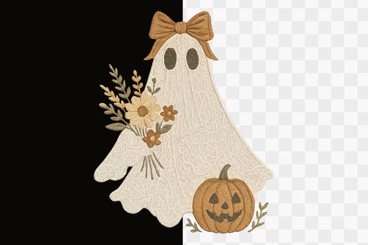 Embroidery Ghost Floral Bow Pumpkin Halloween PNG Design