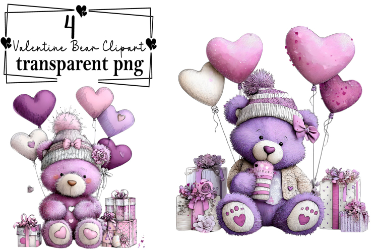 Whimsical Valentine Teddy Bear Clipart Watercolor PNG example image 1