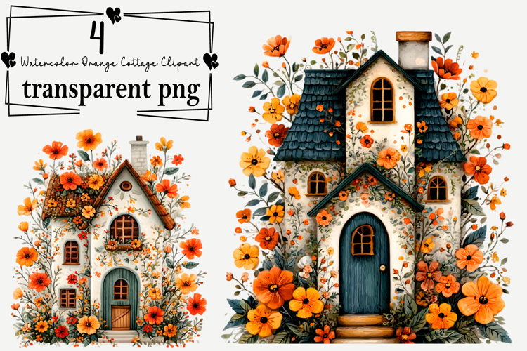 Watercolor Orange Cottage Clipart Watercolor PNG