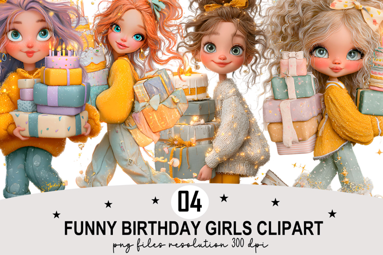 Funny Birthday Girls Clipart Watercolor PNG