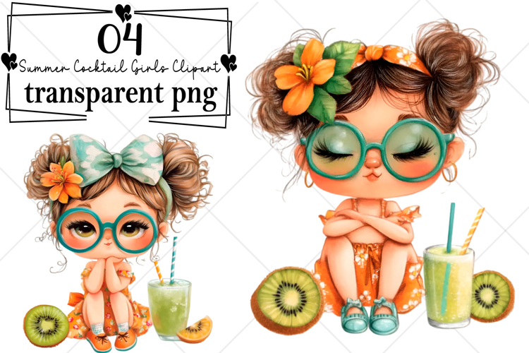 Whimsical Summer Cocktail Girls Clipart Watercolor PNG