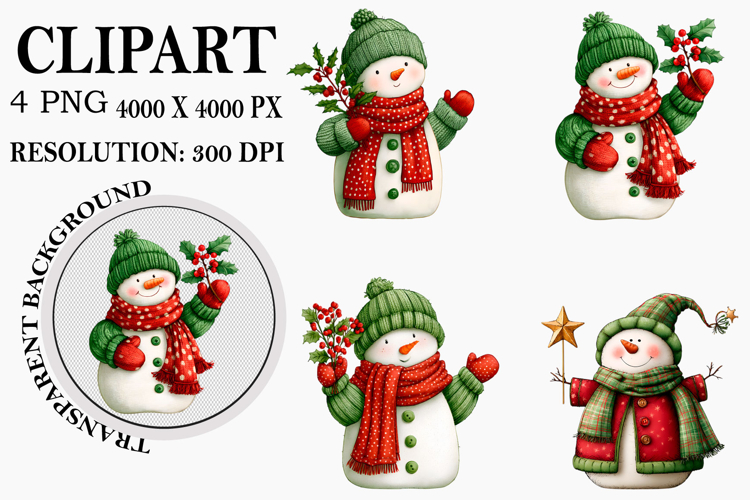 Whimsical Christmas Snowman Clipart Watercolor PNG