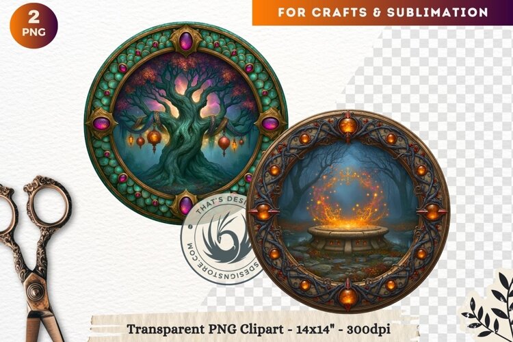 Dark Fantasy Halloween Witches Medallion Clipart sublimation example image 1