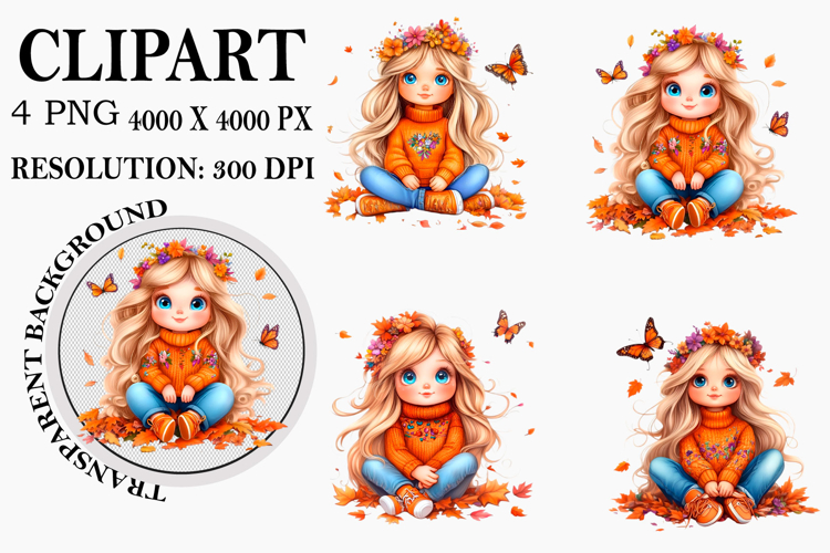 Watercolor Autumn Quirky Girl Clipart Watercolor PNG