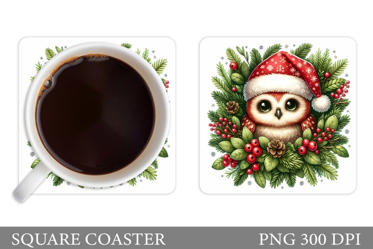 Christmas Owl Coaster Design. Christmas Owl Sublimation example image 1