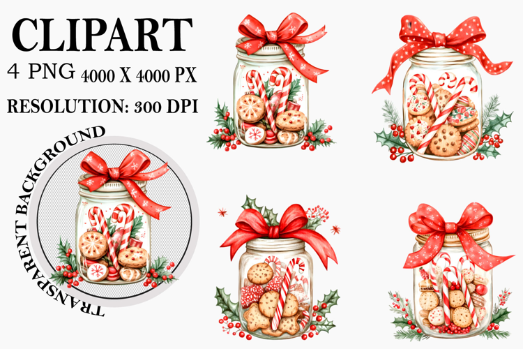 Christmas Cookies in Jar Clipart Watercolor PNG