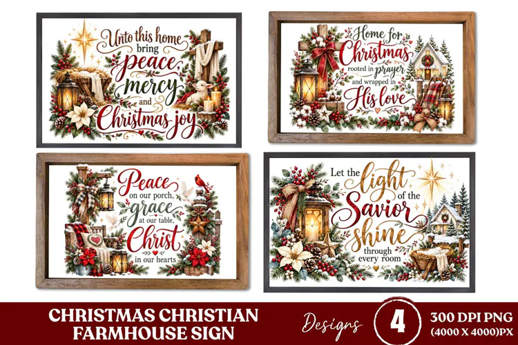 4 Christian Christmas Farmhouse Sign PNGs, 4 Rustic Christma
