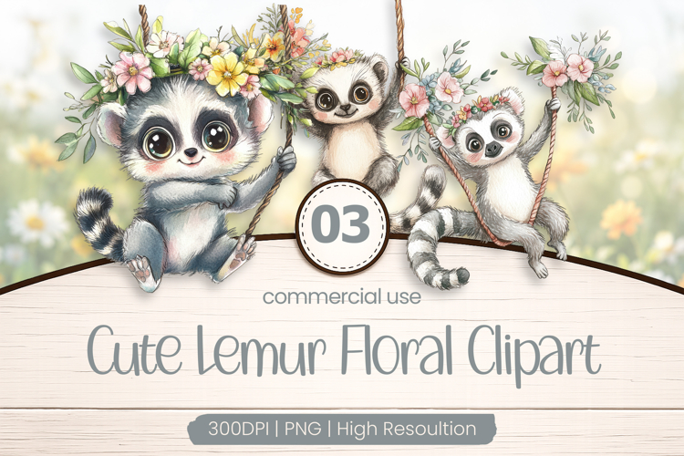 Cute Lemur Floral Clipart PNG