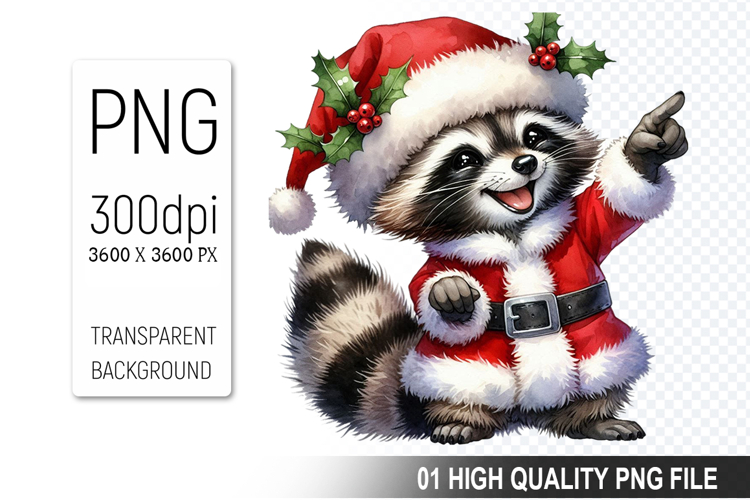 Christmas Raccoon in Santa Outfit Clipart, High-Quality PNG