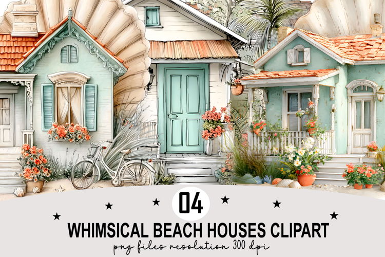 Whimsical Beach Houses Clipart Watercolor Clipart png