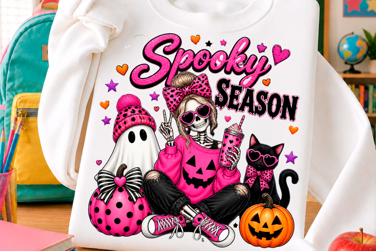 Spooky season skeleton girl and black cat Halloween t shirt