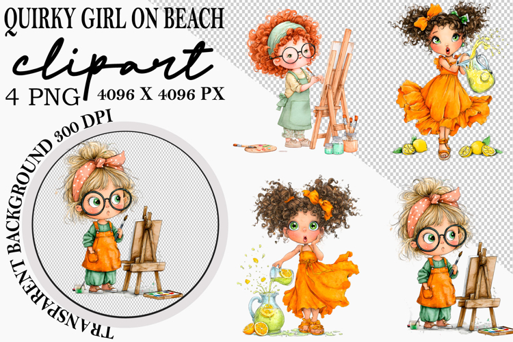Whimsical Quirky Girl on Beach PNG Clipart Watercolor png