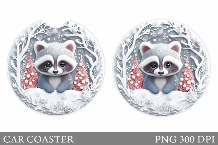 Christmas Raccoon Car Coaster. Christmas Car Coaster Design