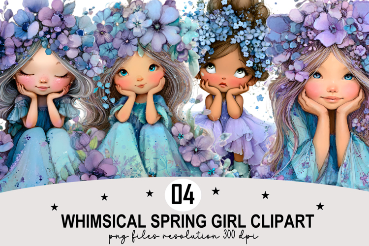 Whimsical Spring Girl Clipart Watercolor PNG