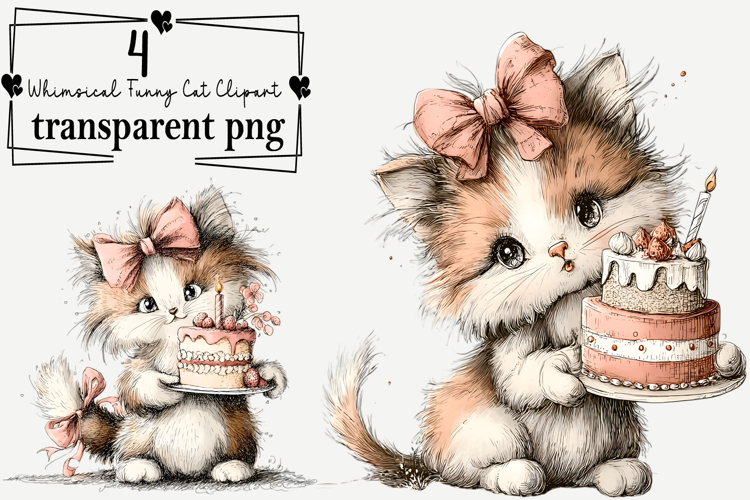 Whimsical Funny Cat Clipart Watercolor PNG