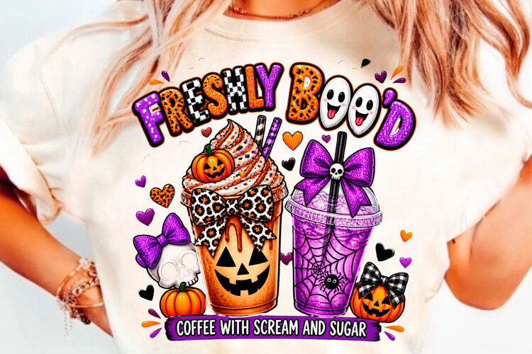 Freshly Booed Halloween Coffee Pumpkin Spooky T-Shirt Design example image 1