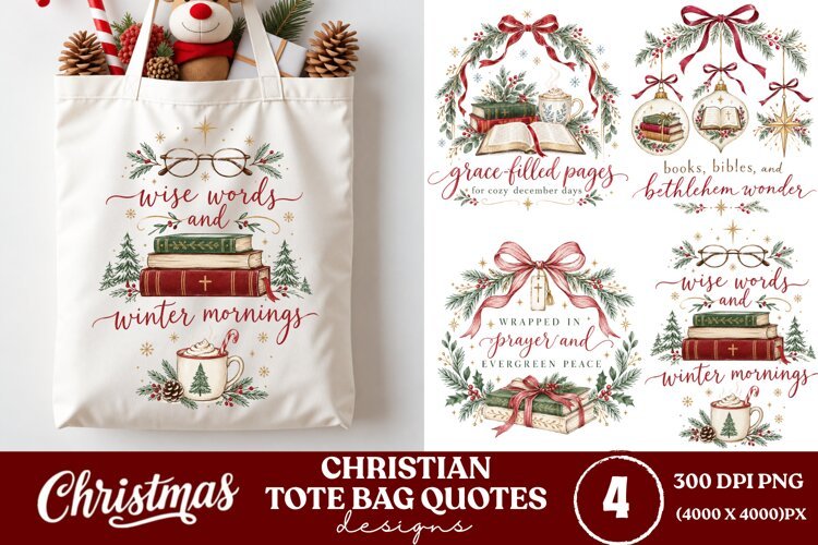 4 Christian Christmas Tote Bag PNGs, 4 Bible Lover Christmas example image 1