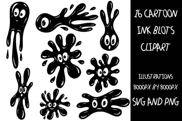 16 Cartoon Ink Blot Splash Splat Characters Clipart SVG PNG