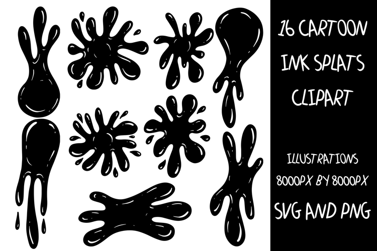 16 Cartoon Ink Splat Spatter Clipart SVG PNG Illustrations