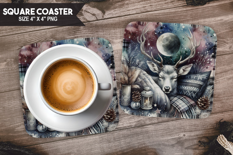 Deer, Fantasy   Whimsy, Buffalo Plaid Square Coaster PNG