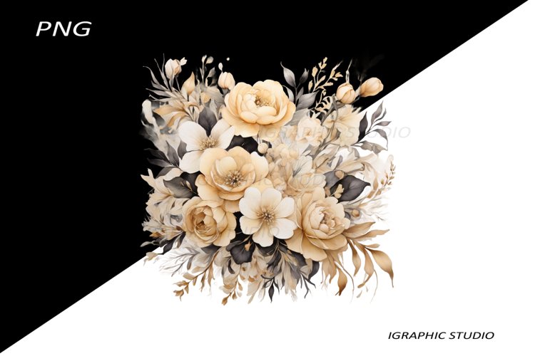 Black and Gold Flowers PNG, Watercolor Floral, Bouquet