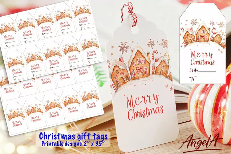 Christmas printable gift tag, watercolor gingerbread houses