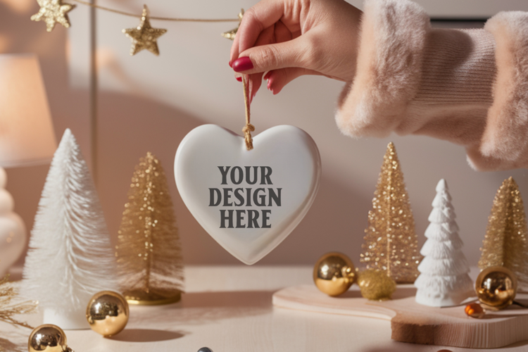 Romantic Christmas Ceramic Heart Ornament Mockup | Holiday