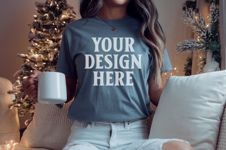 Comfort Colors 1717 Blue Jean Christmas T-Shirt Mockup, Boho