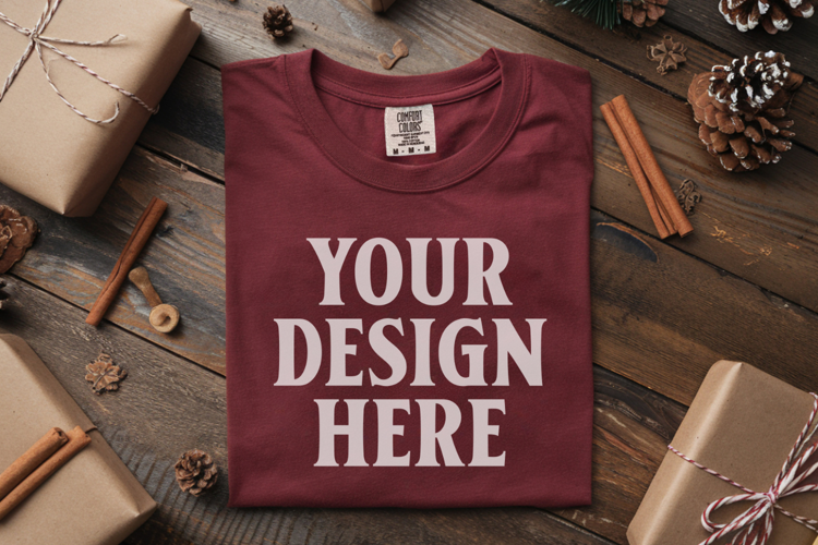 Crimson Comfort Colors 1717 Christmas Folded T-Shirt Mockup