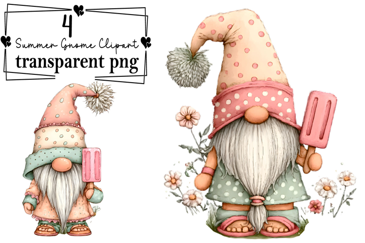 Whimsical Summer Gnome Clipart Watercolor PNG example image 1