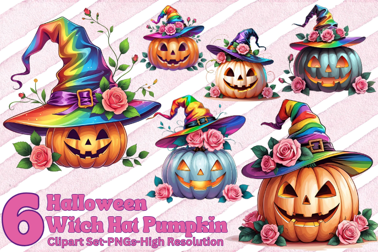 Watercolor Pumpkin with Rainbow Witch Hat | Pride Clipart