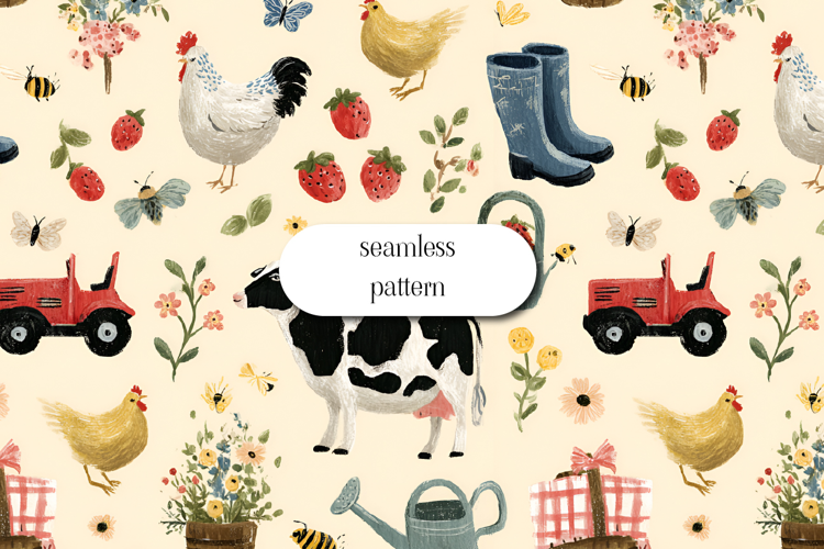 Cute Farm Life Seamless Pattern Watercolor Animals