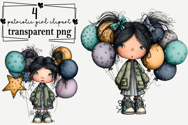 whimsical patriotic girl clipart Watercolor PNG example image 1