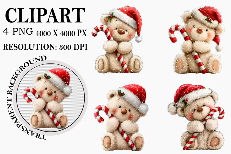 Whimsical Christmas Teddy Bear Clipart Watercolor PNG