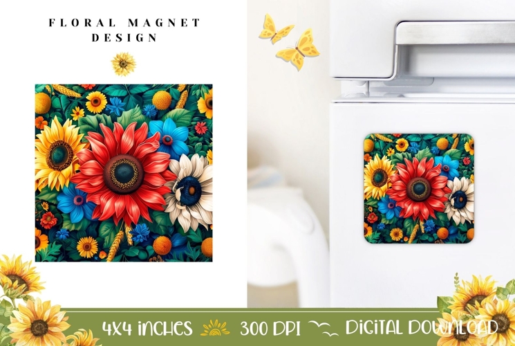 Cute Flowers Magnet Template, Sunflowers Magnet PNG