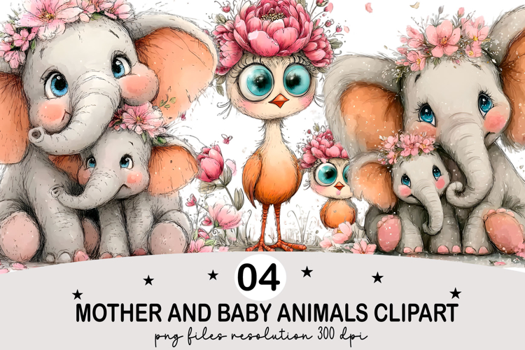 Mother and Baby Animals Clipart Watercolor png