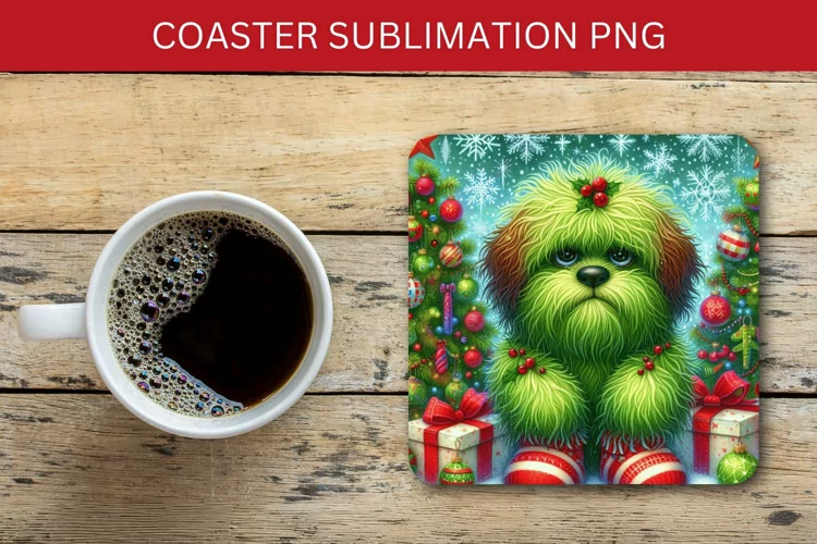 square coaster - grumpy green dog