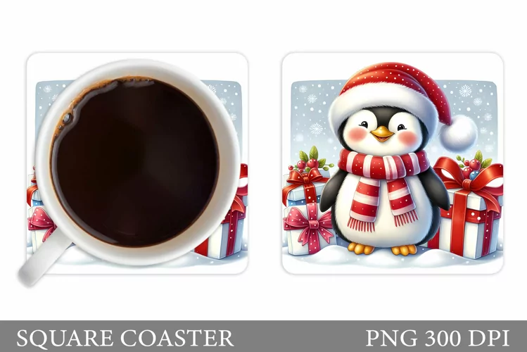 Cute Penguin Coaster Sublimation. Christmas Coaster Design