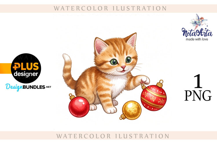 Christmas Kitten in Watercolor Style example image 1