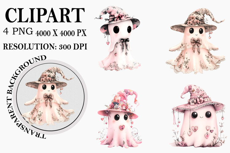 Pink Ghost whimsical Halloween clipart Watercolor PNG example image 1