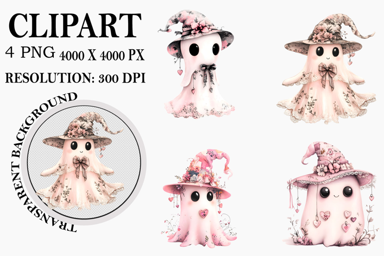 Pink Ghost whimsical Halloween clipart Watercolor PNG