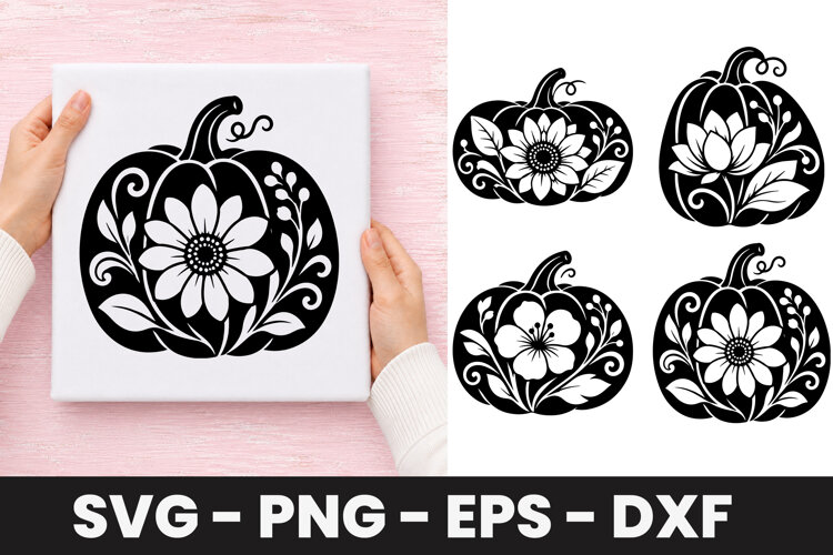 Sunflower Floral Pumpkin SVG PNG example image 1
