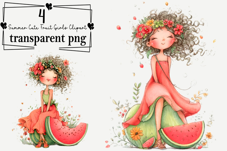 Summer Cute Fruit Girls Clipart Watercolor PNG