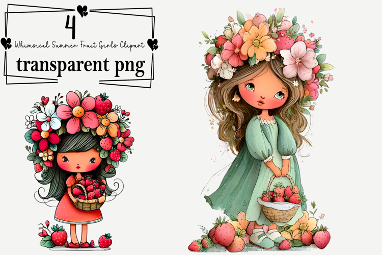 Whimsical Summer Fruit Girls Clipart Watercolor PNG