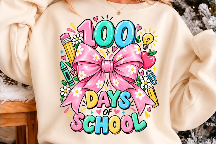 100 Days of School Pink Daisy Bow PNG example image 1