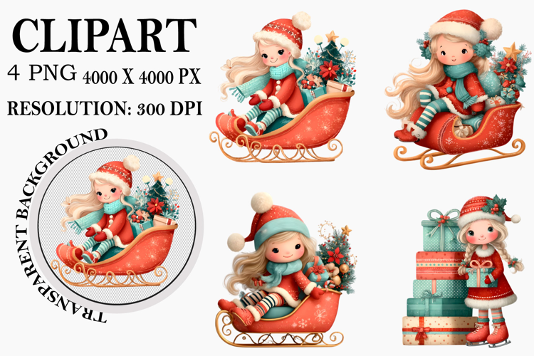 Christmas Santa Girl Clipart Watercolor PNG