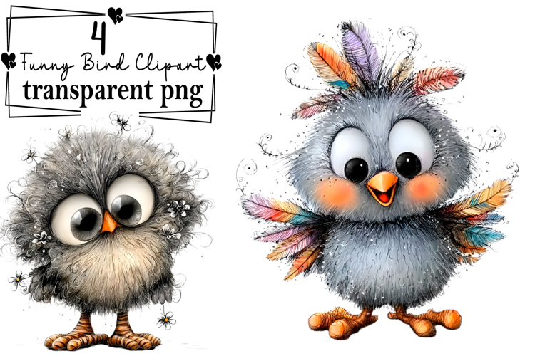 Whimsical Funny Bird Clipart Watercolor PNG example image 1