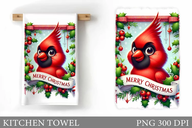 Cute Cardinal Kitchen Towel. Christmas Bird Kitchen Towel