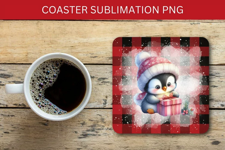 square coaster - penguin with christmas wrapped gift